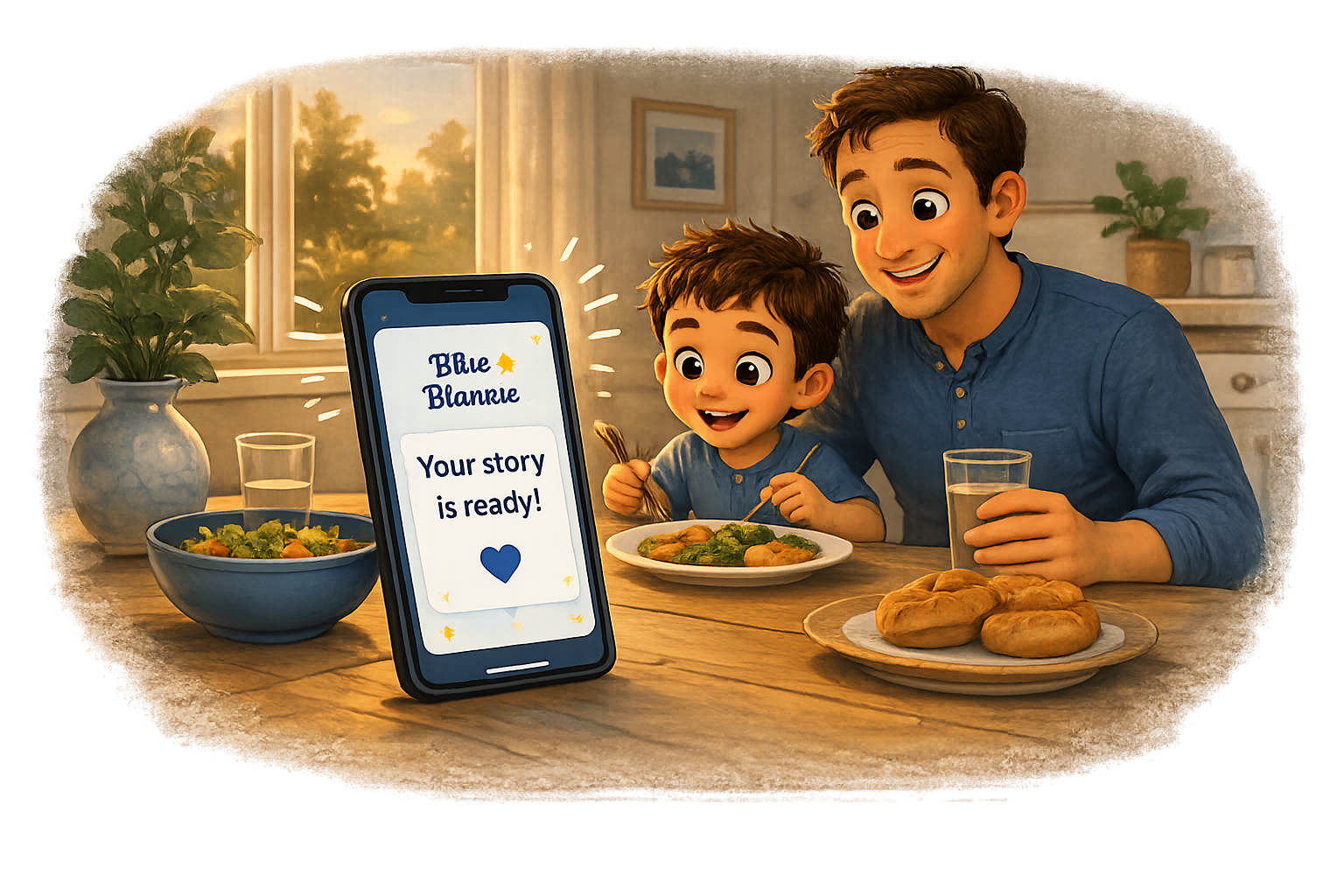 A child grins at the dinner table beside a parent as a phone shows a Blue Blankie notification that tonight's story is ready.