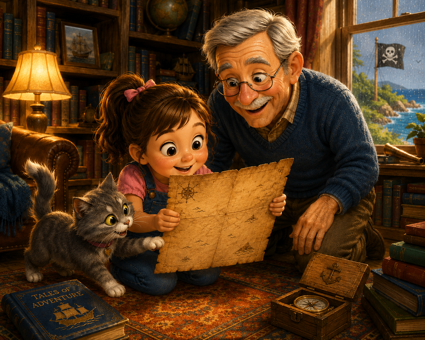 Emma, Grandpa, and Luna the cat excitedly discover an old treasure map inside a cozy library.