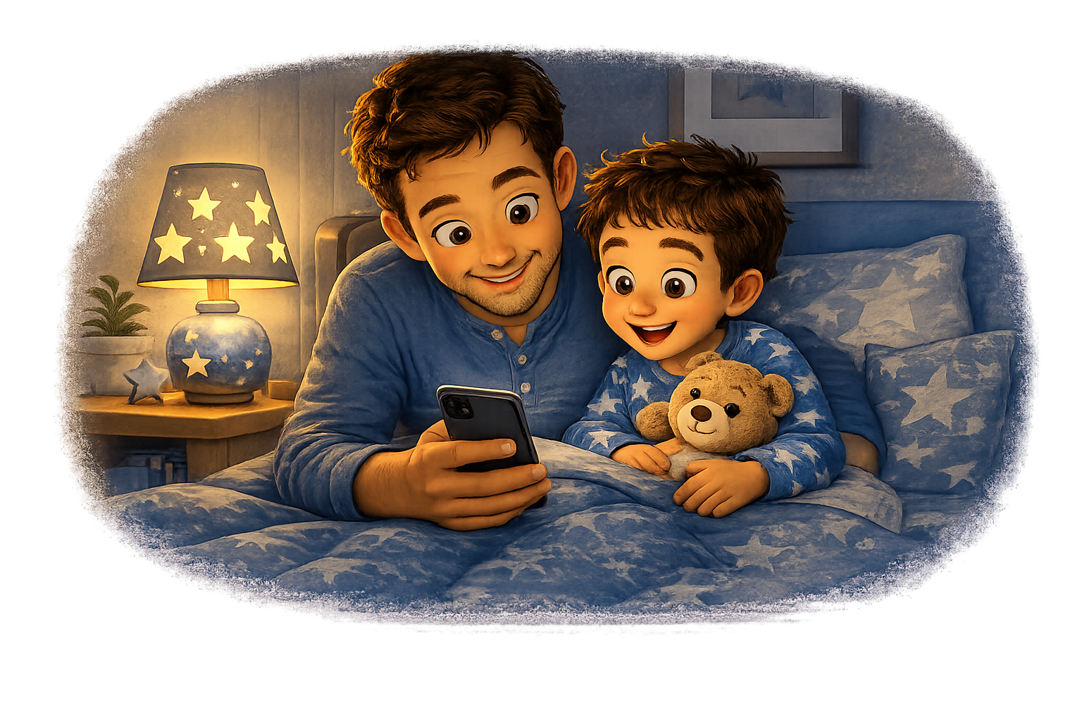 A parent and child snuggle in bed, lit by a warm star lamp, reading a personalized bedtime story together on a phone.