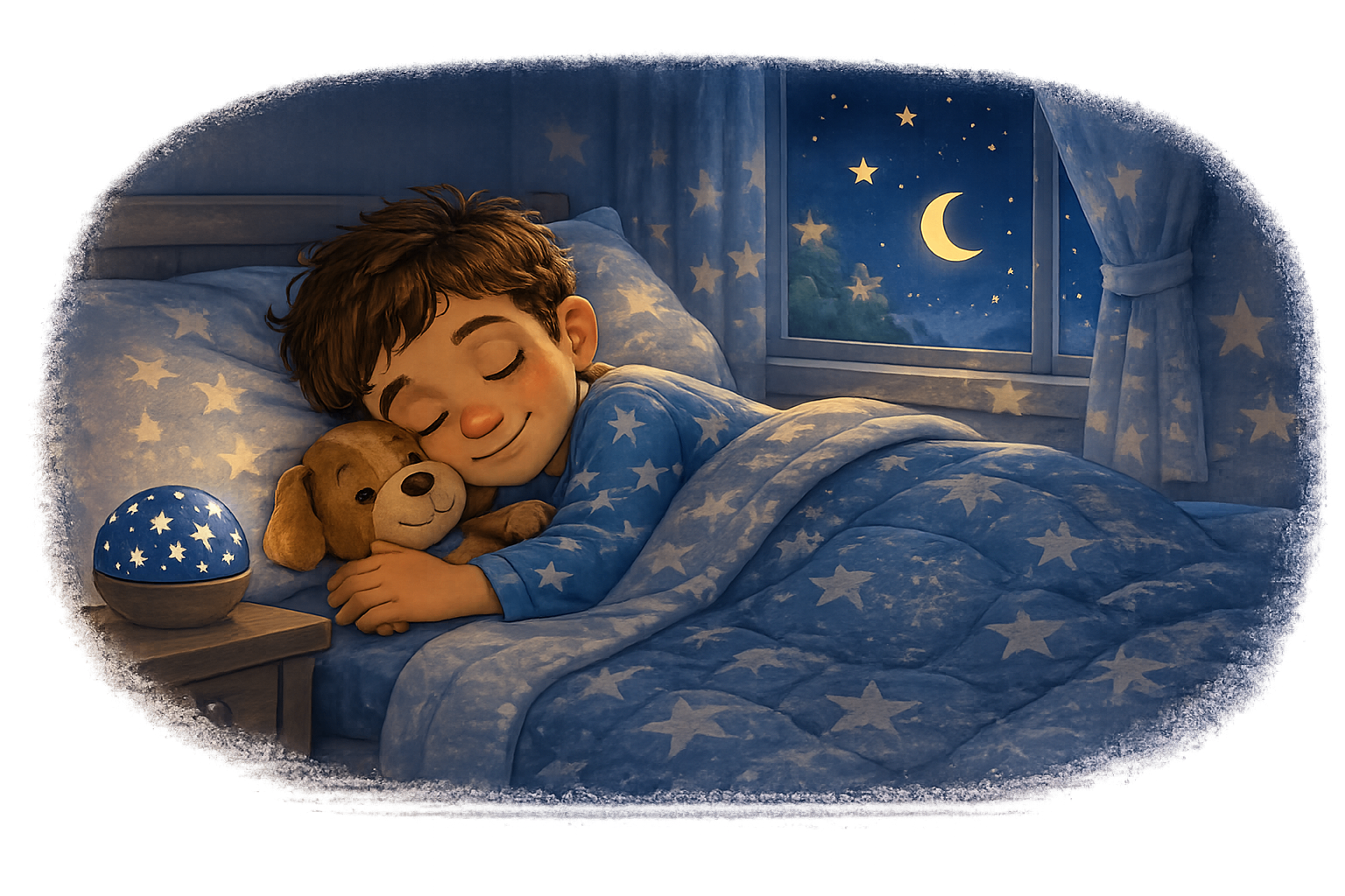 A child sleeps peacefully under a starry blue blanket, cuddling a stuffed puppy, with a moon and stars glowing in the window.