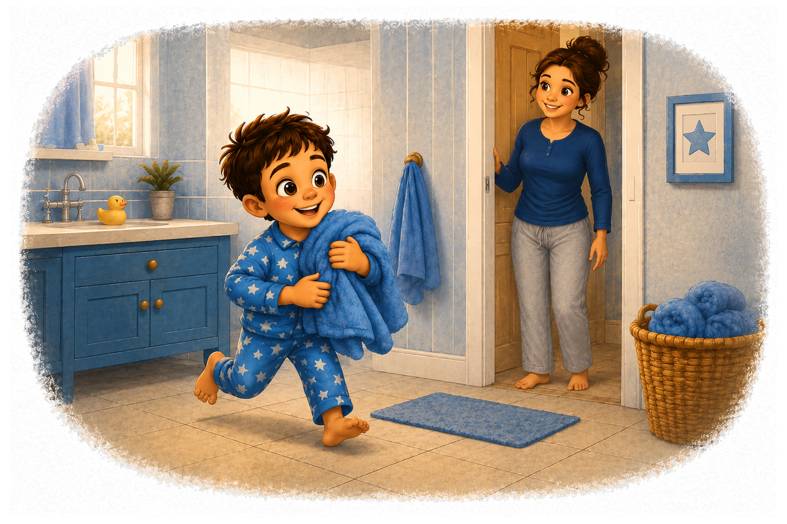 A child in star pajamas, freshly dried from a bath, holds a cozy blue towel while a parent smiles from the doorway.