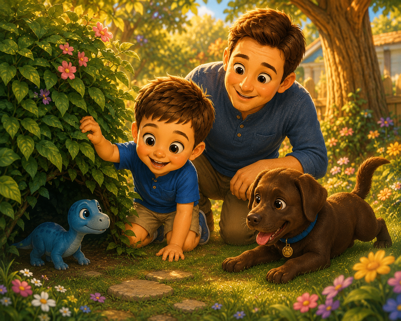 Anderson and Daddy kneel in a sunlit backyard beside Rue the brown puppy, peering at a tiny blue dinosaur peeking out from beneath a flowering bush.