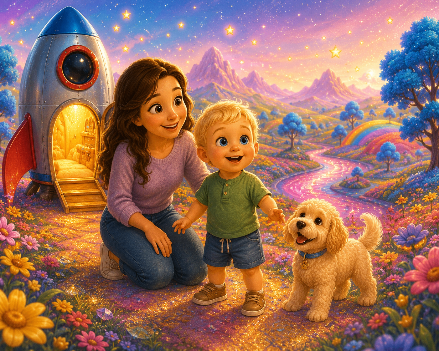 Miles and Mommy kneel beside Teddy the fluffy puppy on Rainbow Planet, where a glowing path, rainbow hills, and a cozy rocket await beneath a starry sky.
